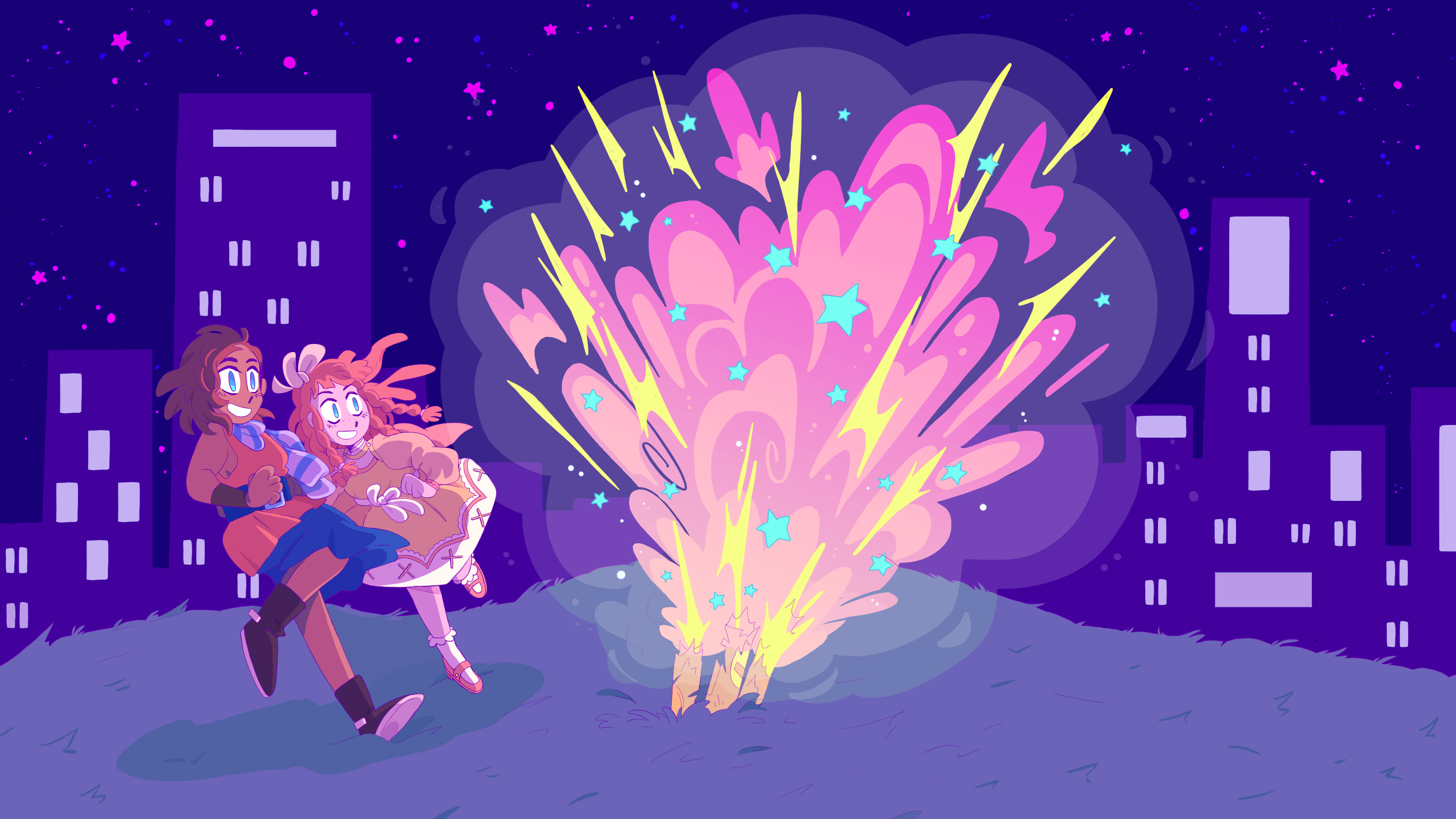 Illustration for Bossgame by Delta (Iasmin Omar Ata). Anna and Dawn laugh and smile outside during a purple nighttime scene just outside a city. Fireworks sticking into the ground explode into bright, colorful explosions of pink and yellow and blue.