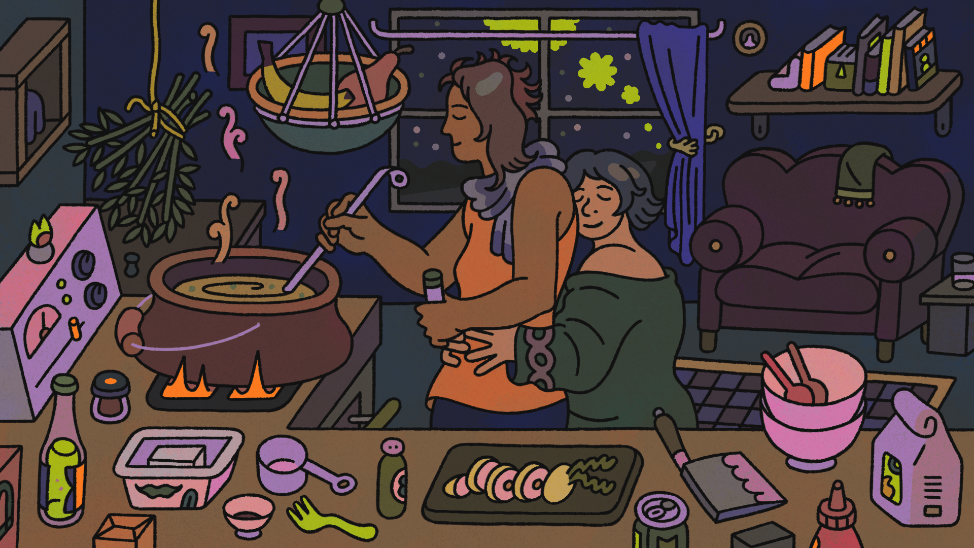 Illustration for Bossgame by Sophia Foster-Dimino. Sophie is holding Anna from behind while Anna cooks a pot full of soup on the kitchen stove. Both are smiling with eyes closed. Inside their apartment, it's night, and various things lay about - cooking ingredients, knives, plants, and such adorn the scene.