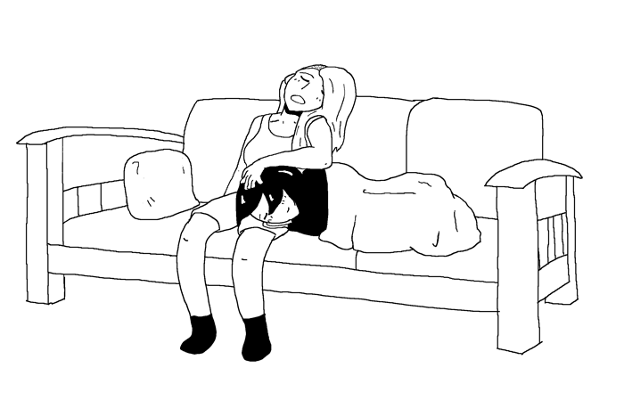 old black and white sketch of anna and sophie sleeping on a couch