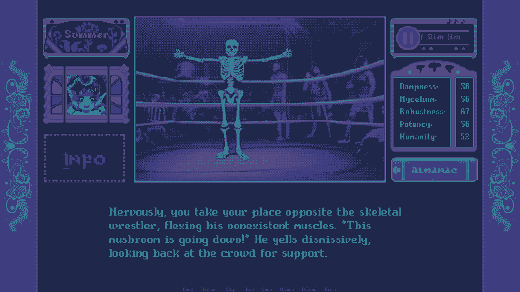 A visual novel window. It portrays a skeleton making a 'come at me' pose to showboat to the crowd behind him. The dialogue box says: 'Nervously, you take your place opposite the skeletal wrestler, flexing his nonexistent muscles. This mushroom is going down! He yells dismissively, looking back at the crowd for support.'