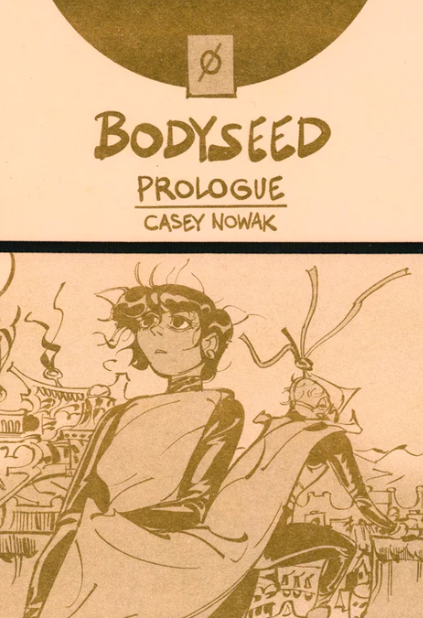 Cover of Bodyseed Prologue. Shows two cahracters standing, confused, amidst a busy city.