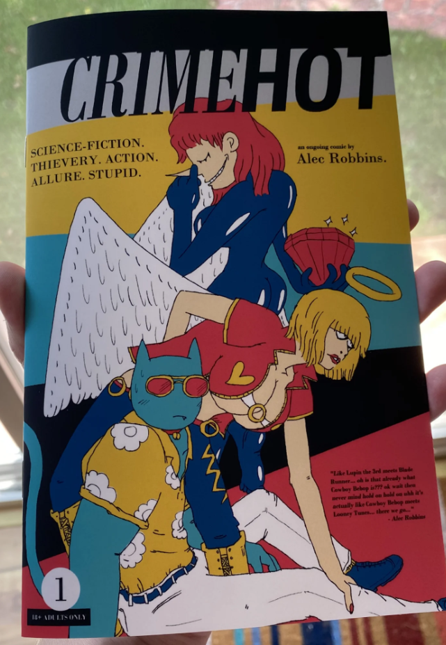 Cover of CRIMEHOT 1. Shows a woman holding a gem, an angel woman, and a cat man hanging out and preparing for crimes or something