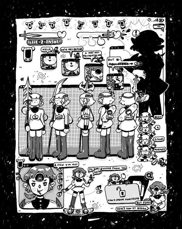 A black and white page from Kelly's EX Mag feature. Shows a robot child being build and put together, holding a variety of weapons, in a computer interface.